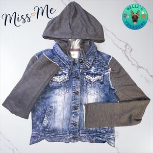 Miss Me Denim Jean Jacket Women's Medium Hooded Rhinestone Embellished Blue Gray